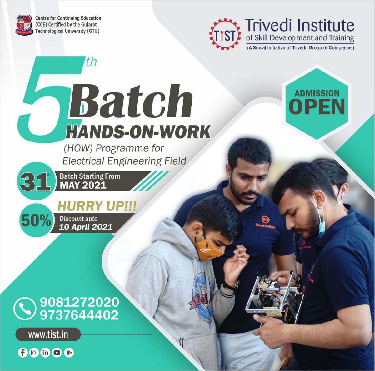 TIST_Trivedi's tweet photo. Admission open for Hands-On-Work (HOW) Programme 5th batch
Staring from 31st May 2021
Register before 10th April and get up to 50% Discount
For registration: https://t.co/hEg1f1OOuT
Contact: 9081272020

#placement #job #jobs #career #recruitment #hiring #jobsearch 
#education https://t.co/kEwXaenhBZ