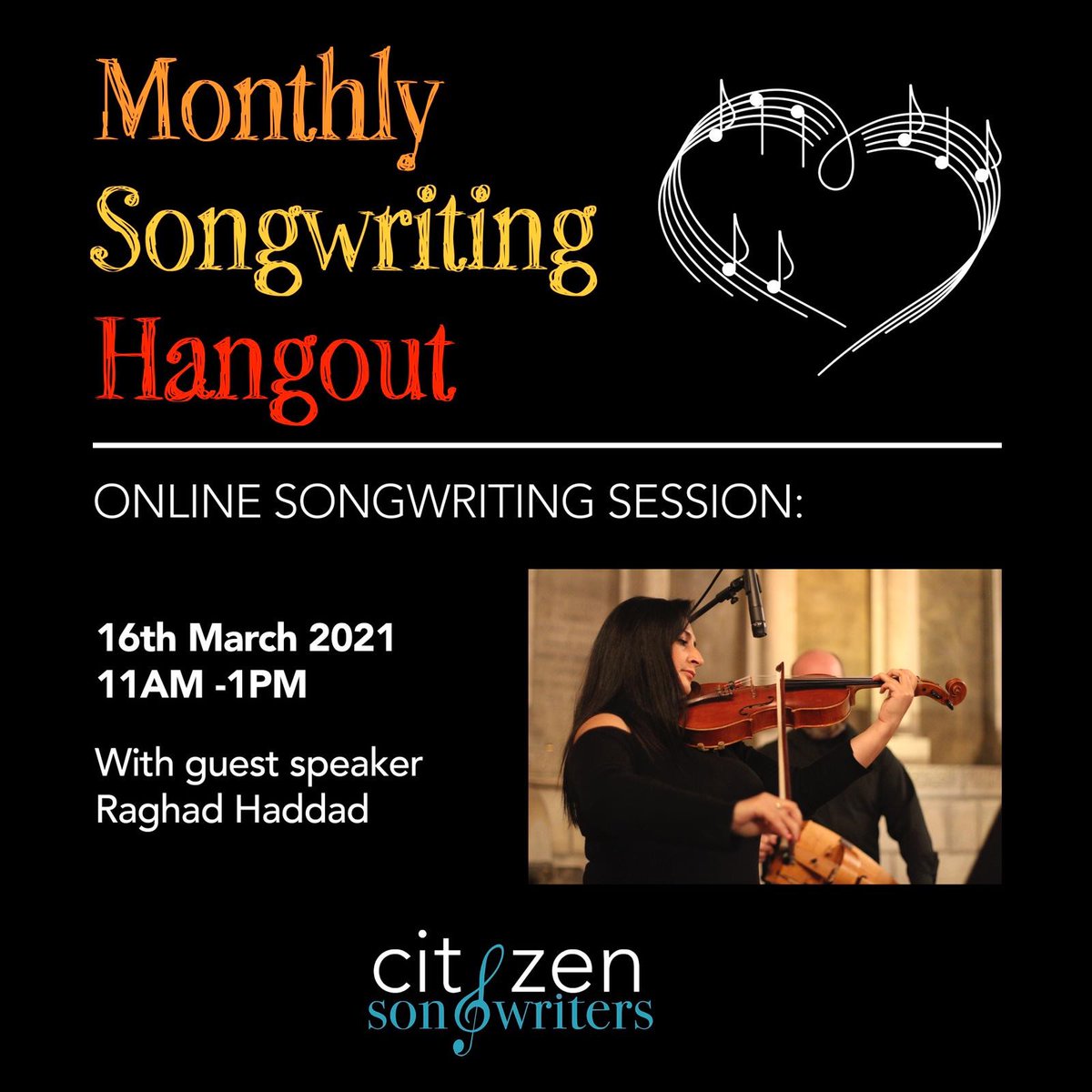 Don't miss: <a href="/CitizenSongs/">Citizen Songwriters</a> Monthly Songwriting Hangout Tues 16th March 11-1pm featuring violist Raghad Haddad from the National Syrian Orchestra and performer with the <a href="/SanctuarySongs/">Stories of Sanctuary</a> sharing her story of how music has influenced her life + a mini concert! 
citizensongwriters.org/monthly-songwr…