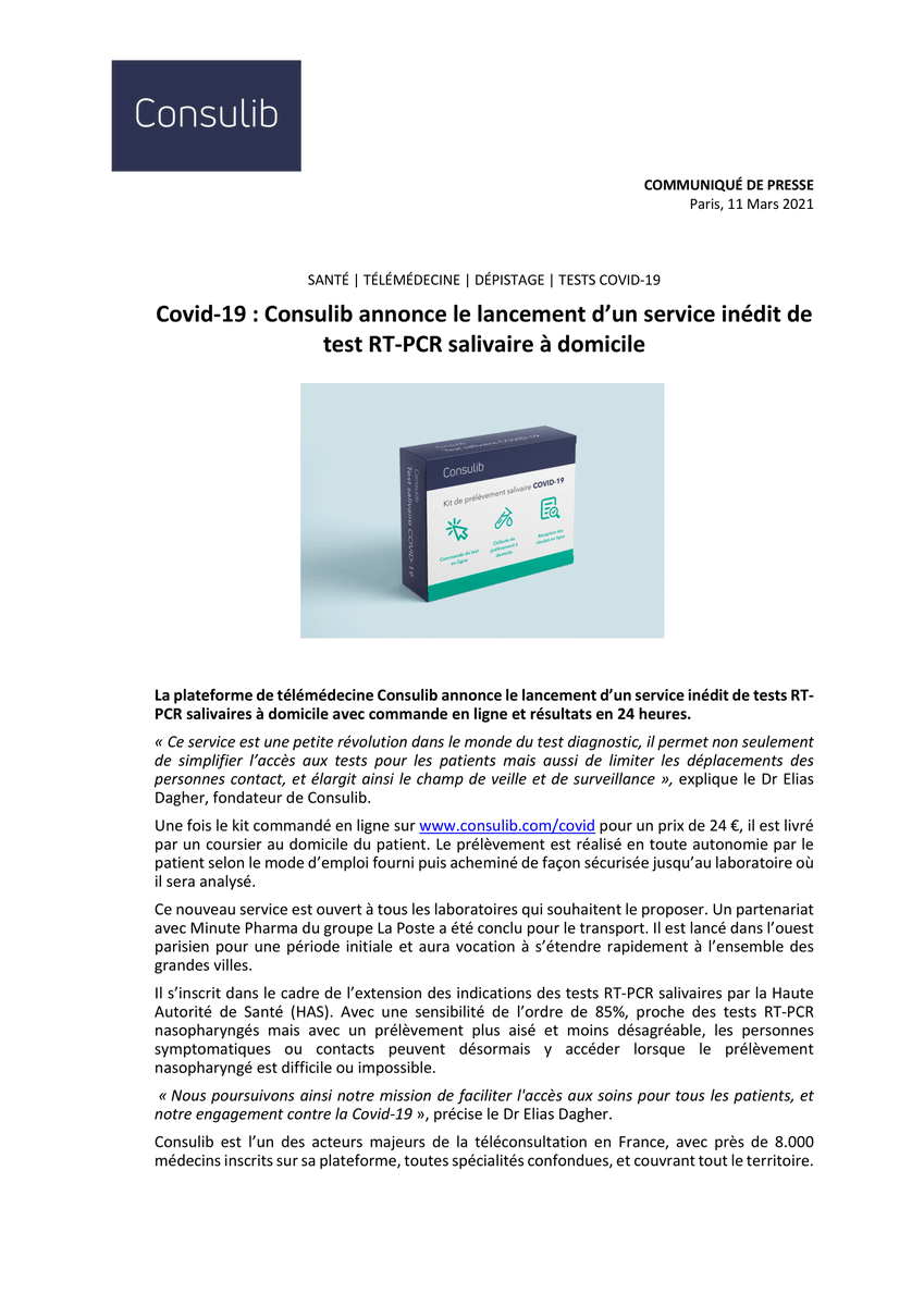 📢 CONSULIB LANCE UN SERVICE DE TEST PCR SALIVAIRE #COVID-19 À DOMICILE 🔬

Vous pouvez dès aujourd’hui commander votre kit de prélèvement puis réaliser votre test à domicile sans vous déplacer et obtenir le résultat en 24H. 
Plus d’informations dans notre communiqué de presse ⬇️
