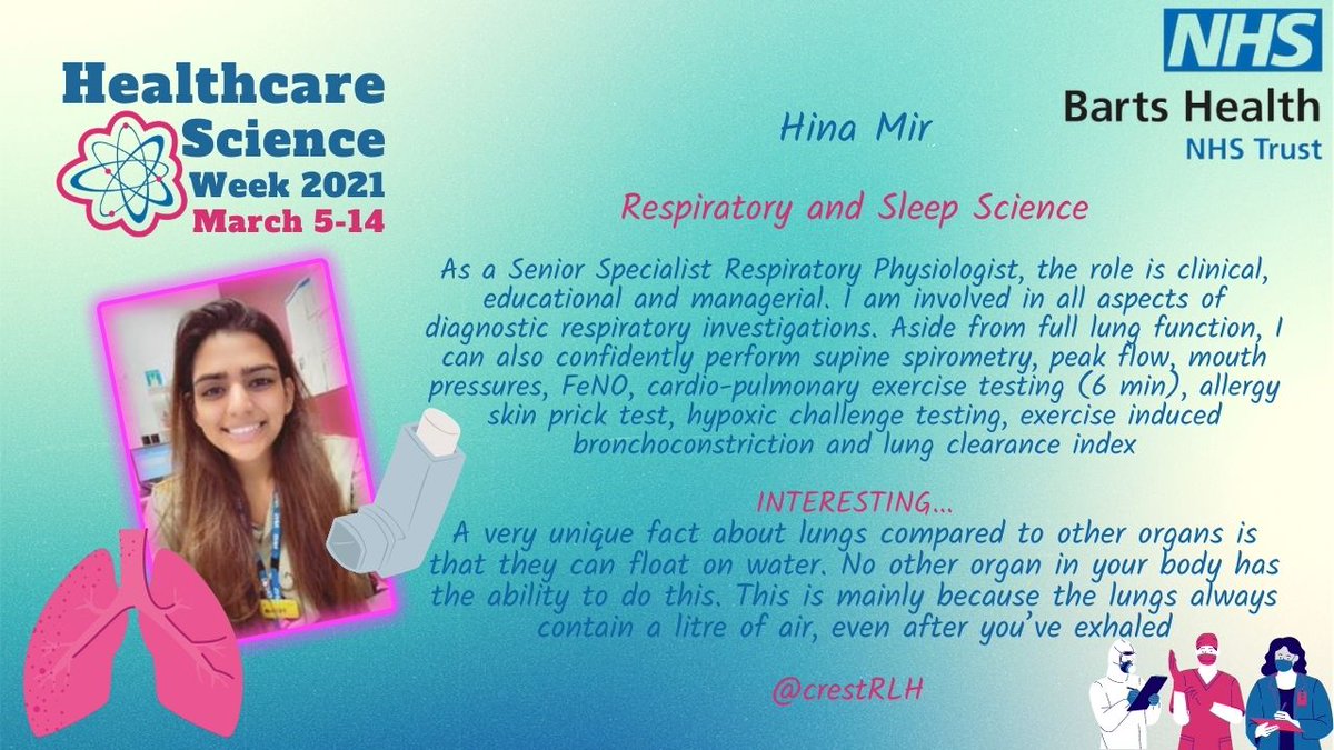 🫁 Did you know that our lungs are the only organs that can float?? Hina <a href="/CrestRlh/">RLH_CREST</a> tells us about Respiratory and Sleep Science <a href="/NHSBartsHealth/">Barts Health</a> #HCSweek2021