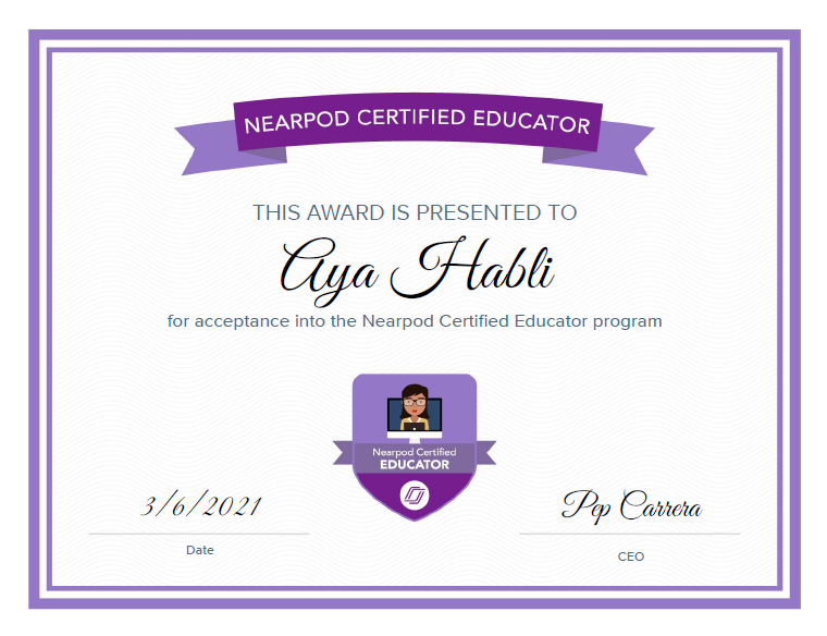 AyaHabli's tweet photo. Happy to be certified by @nearpod.
#nearpod one of the best platforms that I'm using during #onlinelearning.
#NearpodCertified #remotelearning #HHHS
✨ Nearpod Certified Educator https://t.co/kZGCR97klA