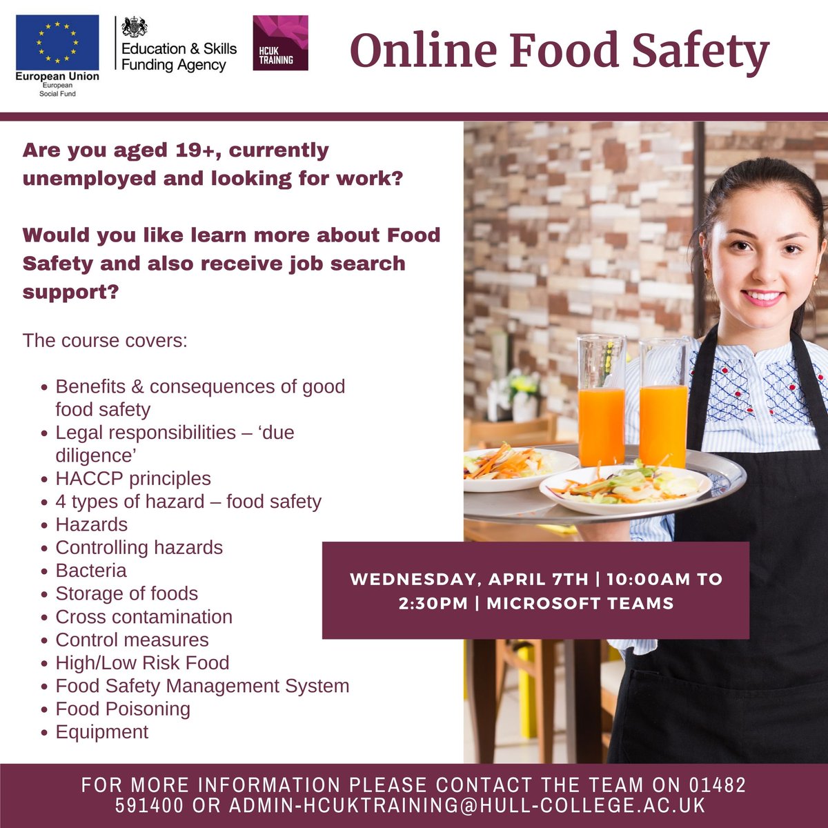 Would you like to work in an industry that requires you to have a high standard of Food Safety knowledge? 

Join our Online Food Safety course today and also receive job search support as part of your course. 

#HCUKTraining #HCUK #JobSearch #AdultEducation #Education #Humber