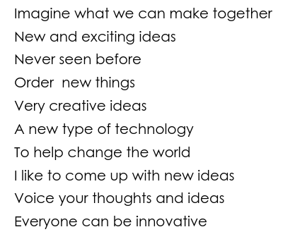 MissMcCulloch2's tweet photo. We have been learning about being innovative as part of British Science Week. Here is a fantastic poem about being innovative by Ameja! @ScienceWeekUK #BSW21 https://t.co/ftIrumOIpi