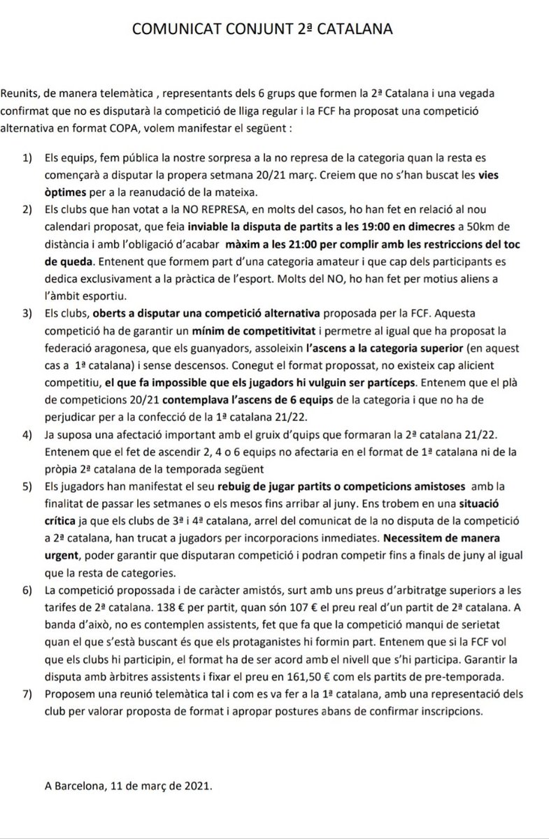 El manifest de varis clubs de Segona Catalana per buscar una solució.