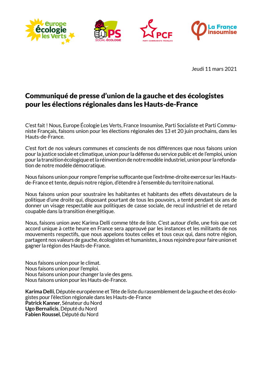 C’est fait ! Nous, Europe Écologie Les Verts, France Insoumise, Parti Socialiste et Parti Communiste Français, faisons union pour les élections #Régionales2021 des 13 et 20 juin prochains, dans les #HautsdeFrance. #UniEsNousGagnons