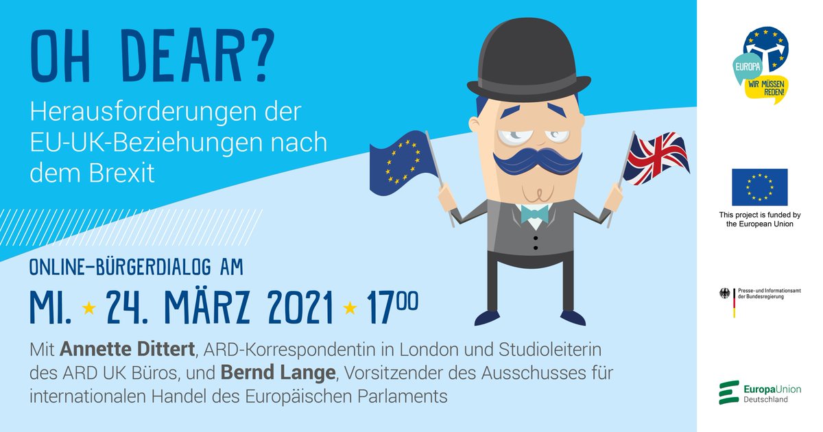 Seid am 24.03. dabei und diskutiert gemeinsam mit <a href="/annettedittert/">Annette Dittert </a>, London-Korrespondentin &amp; Studioleiterin des UK Büros <a href="/ard/">Szymon Pilkowski</a>, und <a href="/berndlange/">Bernd Lange</a>, Vorsitzender des Handelsausschusses <a href="/Europarl_EN/">European Parliament</a>, rund um den #brexit und seine Folgen.🇪🇺 Meldet euch an unter: bit.ly/3vbgJEm