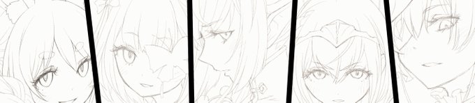 前に描いた3期生のモノイラを塗りたいなと思ってカライラ用に線画描き直し中。カラーにするつもりで描いてなかったから線画レイヤーにそのままホワイト修正してたりと結構面倒臭いな… 