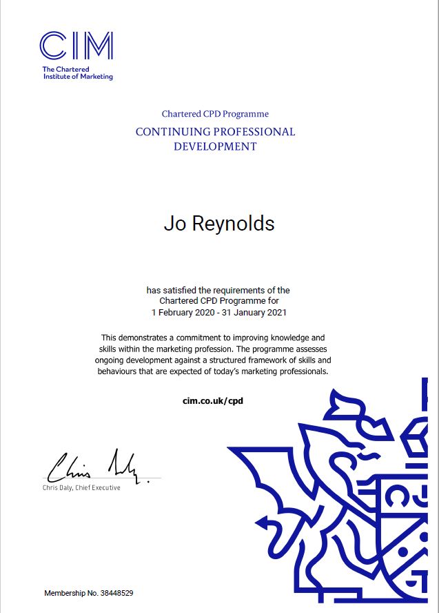 All that hard work has paid off and I am extremely proud that not only has my CPD submission been approved, but I maintain my Chartered Marketer status for 2021.  The words on the certificate say it all!
#CharteredMarketer CIM - The Chartered Institute of Marketing #CPD #Proud