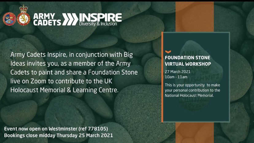 NEWSFLASH
Do you fancy being a part of history.
We are inviting you to paint a stone to remember The Holocaust.
Your stone will be added to the new national memorial.
See below for more details
armycadets.com/events/paint-a…

Bidding now open, please share 

#ArmyCadetsInclusion