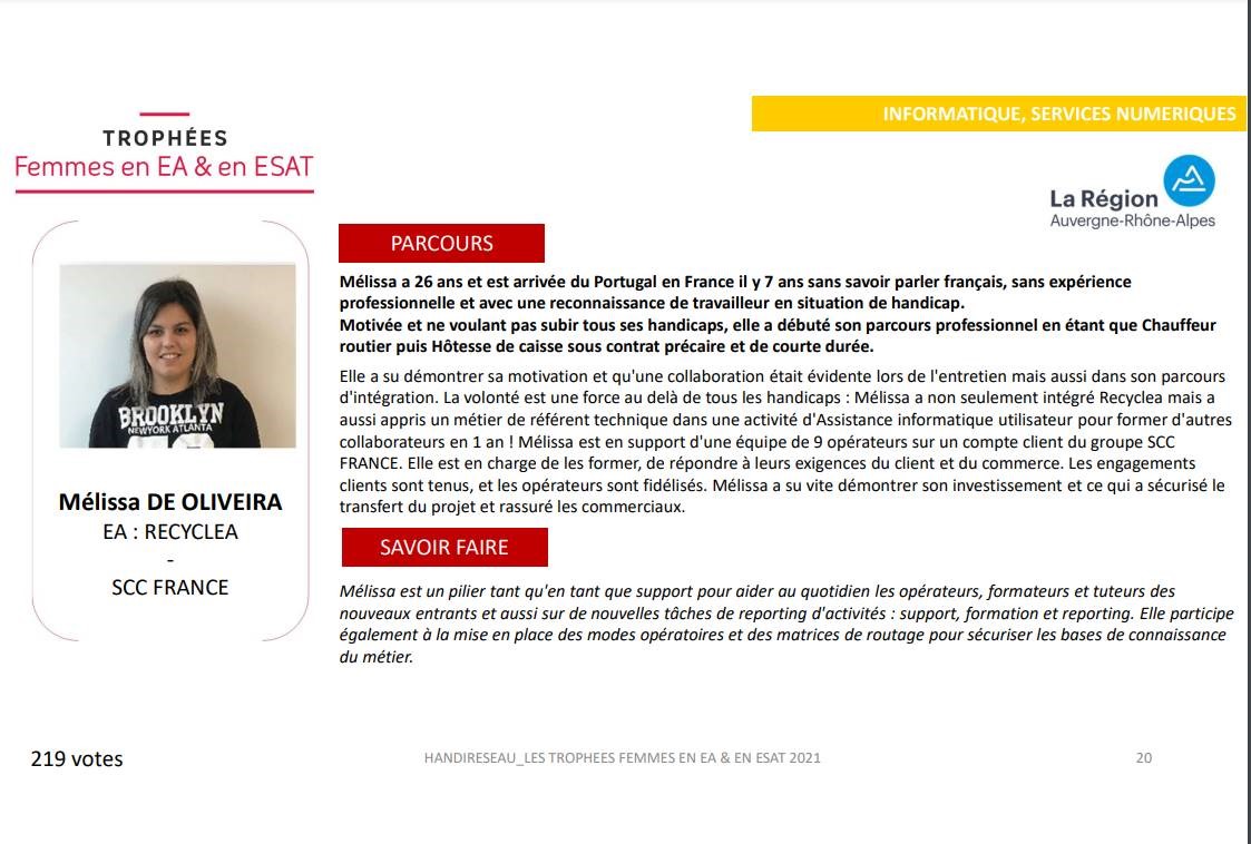 recyclea03's tweet photo. [RÉCOMPENSE 🏆]
🔴#FIERTÉ : Notre collaboratrice Melissa remporte le Trophée Femmes en EA, catégorie « Informatique &amp; services numériques » ! 😃🥳
Toutes nos félicitations pour cette belle distinction ! ➡️https://t.co/WCJG3wBA4O
#handicap #EgaliteFH #FEEA2021 #EntrepriseAdaptée https://t.co/EEzH4xjAYy