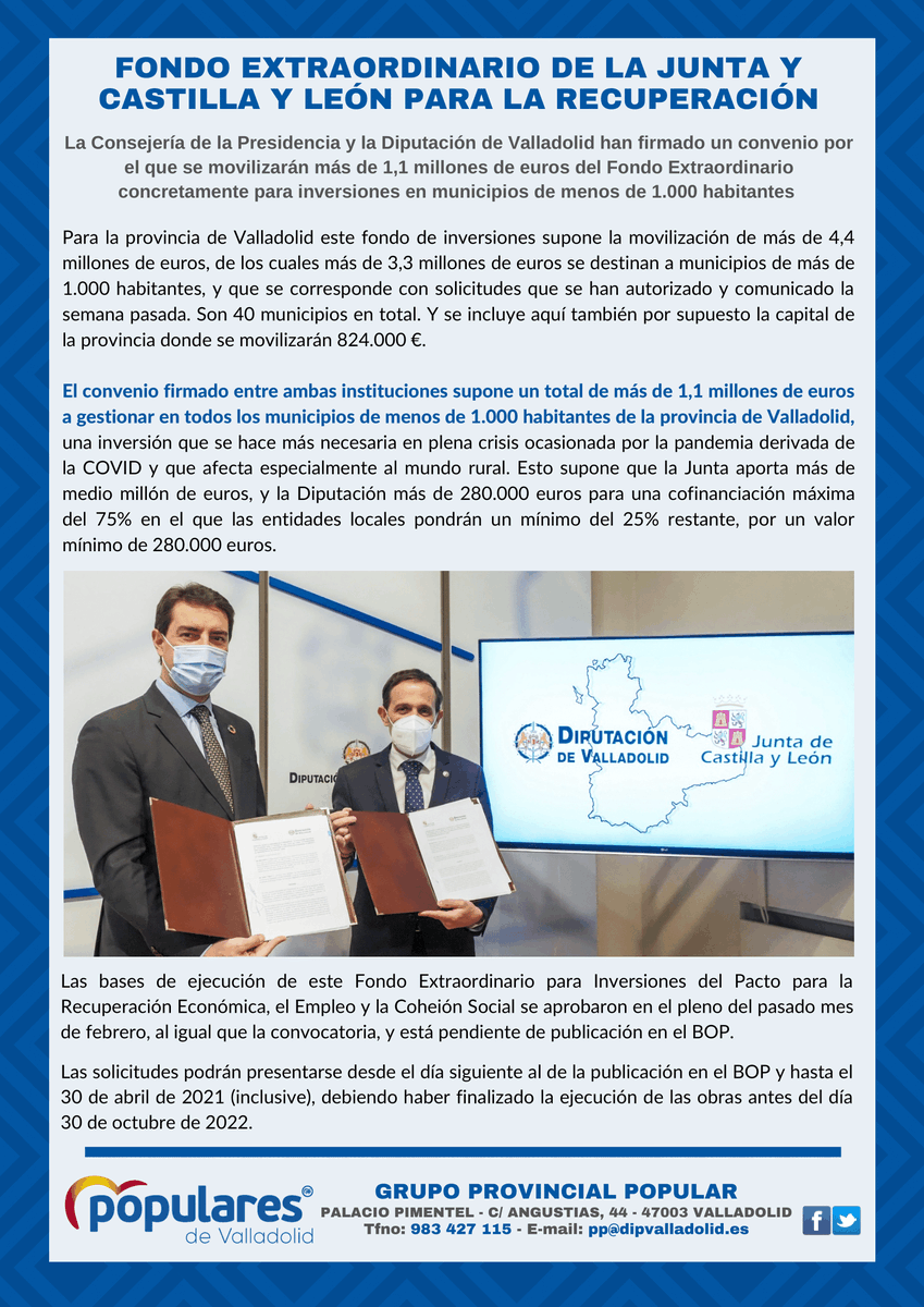 Ya ha salido nuestro #BOLETÍN de marzo de 2021:
➡️Presentado el Plan V.
➡️Diputados: <a href="/javiglezvega/">Javi González Vega</a>.
➡️Fondos Europeos para la Recuperación Económica.
➡️Subvenciones (en plazo de solicitud).
➡️Fondo Extraordinario de la <a href="/jcyl/">Junta de Castilla y León</a> para la Recuperación.

En PDF: diputaciondevalladolid.es/documents/1018…