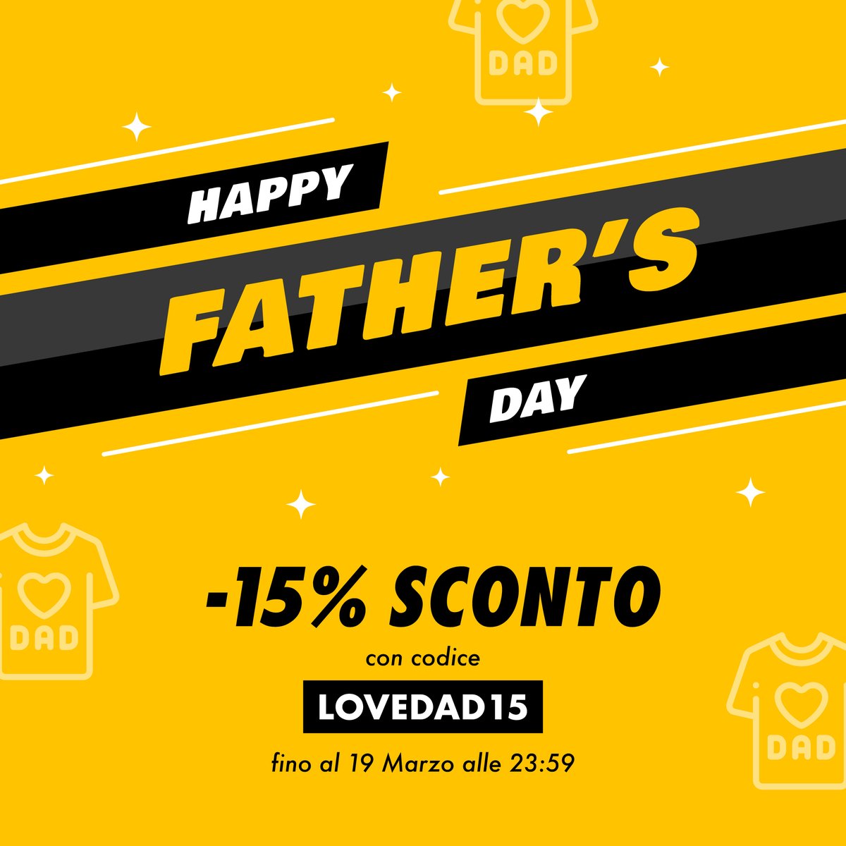 Il 19 Marzo è la festa del Papà! 👨
Da oggi hai uno Sconto del 15% 
su tutti gli ordini con codice: LOVEDAD15 
Digli quanto gli vuoi bene con una maglietta personalizzata!
🛒 Shop now su Teeser.it