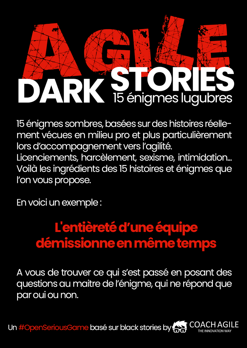 BeraudSudreau's tweet image. Hello les #agilistes ! Connaissez-vous le jeu Black Stories ? He bien le 8 avril je vous présenterai l&apos; #OpenSeriousGame #Agile Dark Stories... Des histoires lugubres rencontrées lors da transformation agile. L&apos;idée n&apos;est pas de pointer du doigt mais plus d&apos;éveiller la vigilance.
