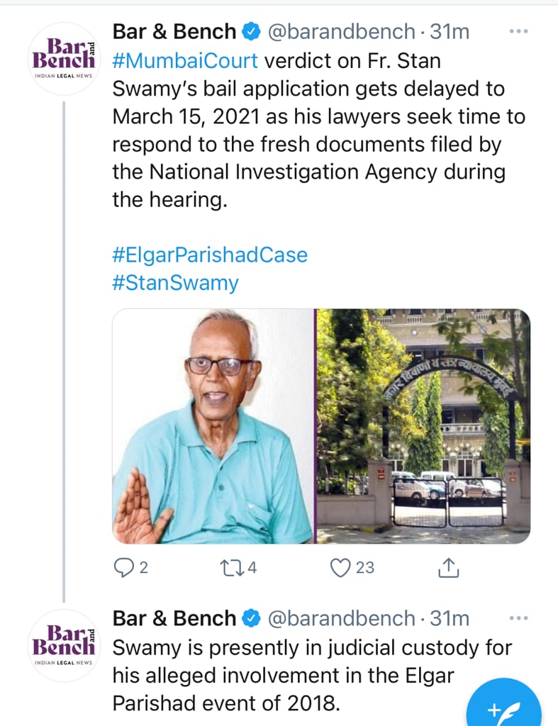 Cedric Prakash (@cedricprakash) on Twitter photo The wait,the struggle ,the HOPE continues
TRUTH & JUSTICE we believe WILL prevail!
For this we continue with prayer & an unbroken spirit relentlessly!
#StandWithStan
#FreeStanSwamy
#freestan
#TribalLivesMatter
#elderlylivesmatter
#letmycountryawake
#digitaljesuits
<a href="/JCSADelhi/">Jesuit conference of South Asia</a> The wait,the struggle ,the HOPE continues
TRUTH & JUSTICE we believe WILL prevail!
For this we continue with prayer & an unbroken spirit relentlessly!
#StandWithStan
#FreeStanSwamy
#freestan
#TribalLivesMatter
#elderlylivesmatter
#letmycountryawake
#digitaljesuits
<a href="/JCSADelhi/">Jesuit conference of South Asia</a>