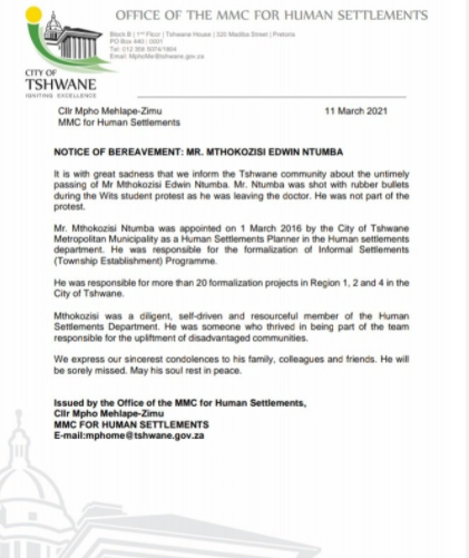 Naledi_Mailula's tweet photo. #MthokozisiNtumba was an employee of the City of Tshwane where he served as a town planner. The Tshwane Human Settlements Department described him as "diligent and resourceful". @TimesLIVE https://t.co/xL1HdsFYOL