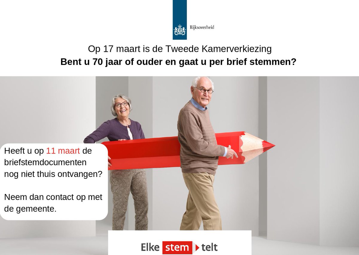 #Verkiezingen | Ben je 70+ en wil je bij deze Tweede Kamerverkiezing per brief stemmen? Heb je vandaag, 11 maart, de documenten daarvoor nog niet per post ontvangen? 

Dan kun je die bij ons ophalen. Bel ons: 0497-531300 of mail naar gemeente@eersel.nl. 

#ElkeStemTelt