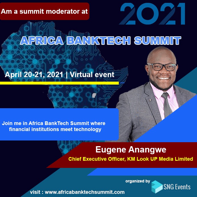 SNG Events Ltd (@sngeventsrwanda) on Twitter photo Mr <a href="/AmEugeneAnangwe/">Eugene Anangwe</a> CEO <a href="/LookUPTV/">LOOK UP TV</a> & Founding CEO <a href="/TV47KE/">NIKA</a> will moderate The Virtual @AfricaBanktech on 20th & 21st April 2021.
You cannot afford to miss it.
Please register at : africabanktechsummit.com/register Mr <a href="/AmEugeneAnangwe/">Eugene Anangwe</a> CEO <a href="/LookUPTV/">LOOK UP TV</a> & Founding CEO <a href="/TV47KE/">NIKA</a> will moderate The Virtual @AfricaBanktech on 20th & 21st April 2021.
You cannot afford to miss it.
Please register at : africabanktechsummit.com/register