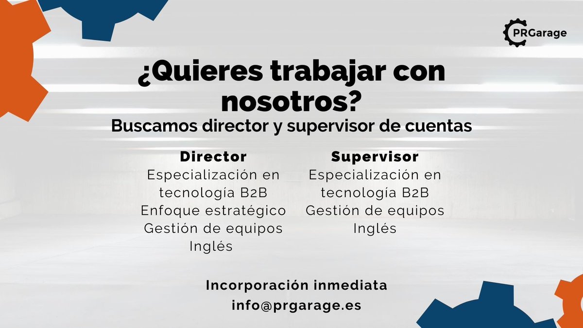 Mario__Jimenez's tweet photo. Buscamos 2⃣nuevos perfiles para @PR_Garage: un/a director/a de cuentas y un/a supervisor/a para el área de Tech. Esperan cuentas como realme, Free Now, Orange, Google... Incorporación inmediata. Se agradece RT. https://t.co/HcOv7nHZ2V