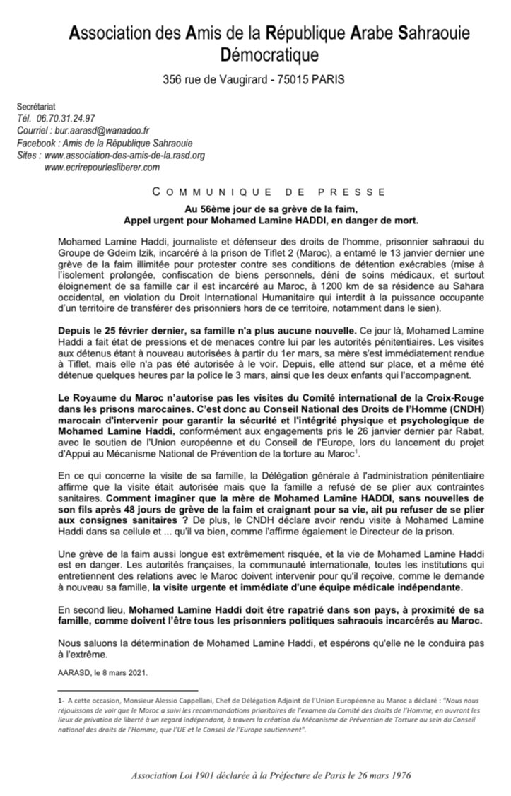 oubibachir's tweet photo. COMMUNIQUE DE PRESSE - AARASD
Au 56ème jour de sa grève de la faim,
Appel urgent pour Mohamed Lamine HADDI, en danger de mort. https://t.co/Pl81iY1mRK