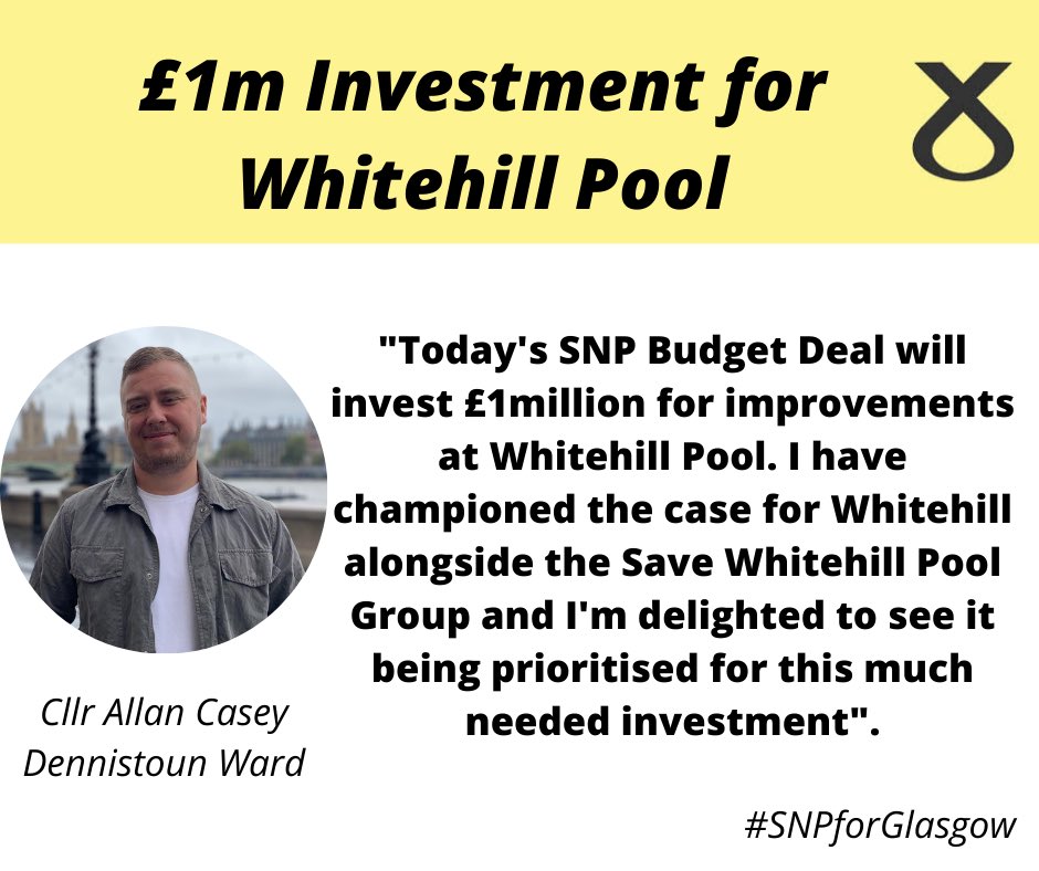 AllanCasey89's tweet photo. I am so delighted that today’s @SNPforGlasgow budget deal reached with the Glasgow Greens will deliver a much needed £1million capital investment fund for Whitehill Pool. I’m sure this will be welcome news for the community of Dennistoun and everyone at @SaveWhitehill https://t.co/NxrhdpjZZo
