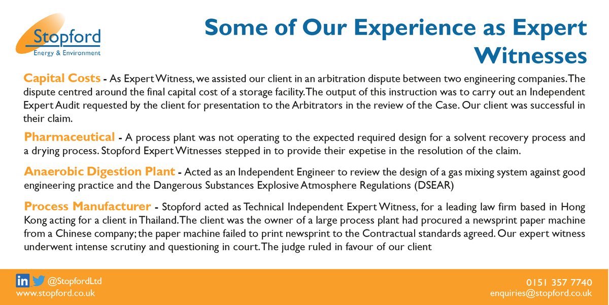 Stopford have a history of providing highly competent support as expert witnesses in areas such as process engineering, process safety and aviation fuel systems. See some of our experience below. ⚖️ 
Read more on our website... stopford.co.uk/post/stopford-…