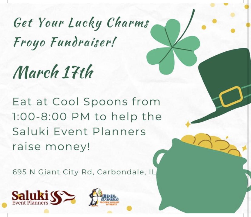 CoolSpoons1's tweet photo. Support Saluki Event Planners. March 17.  1pm- 8pm https://t.co/ejWGNzDdrX
