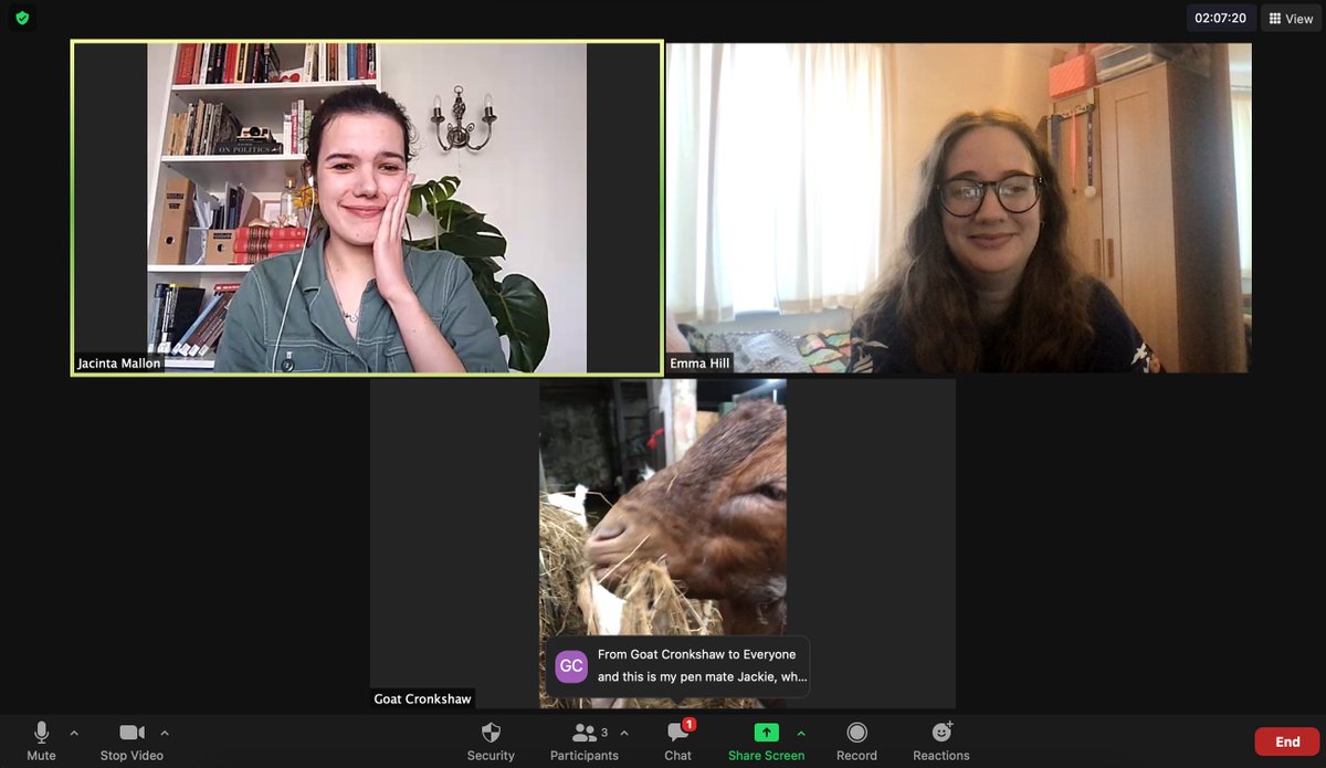 hillemmalouise's tweet photo. As a thank you to @jacinta_mallon for keeping me going these last few months by working on Zoom together Mon-Fri, 9-5, I invited a special guest to our morning writing session...
thank you @CronkshawFold for the laugh! #GoatsOnZoom https://t.co/Y4H0SPsvwJ