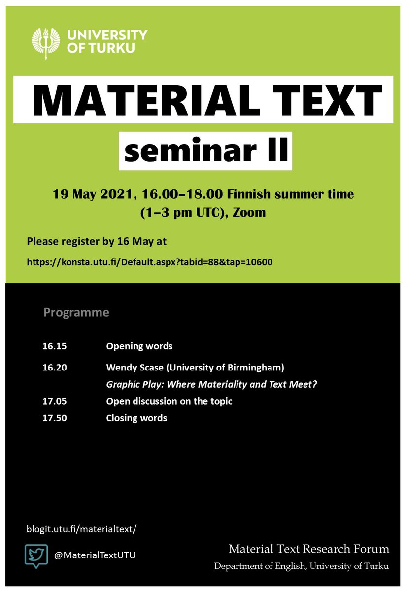 MaterialTextUTU's tweet image. Join the Material Text Research Forum's next online seminar on 19 May! 16-18 Finnish summer time (1-3pm UTC) on Zoom.

✏️Wendy Scase's talk on graphic play in medieval &amp;amp; early modern manuscripts
✏️Discussion

Sign up here: konsta.utu.fi/Default.aspx?t…