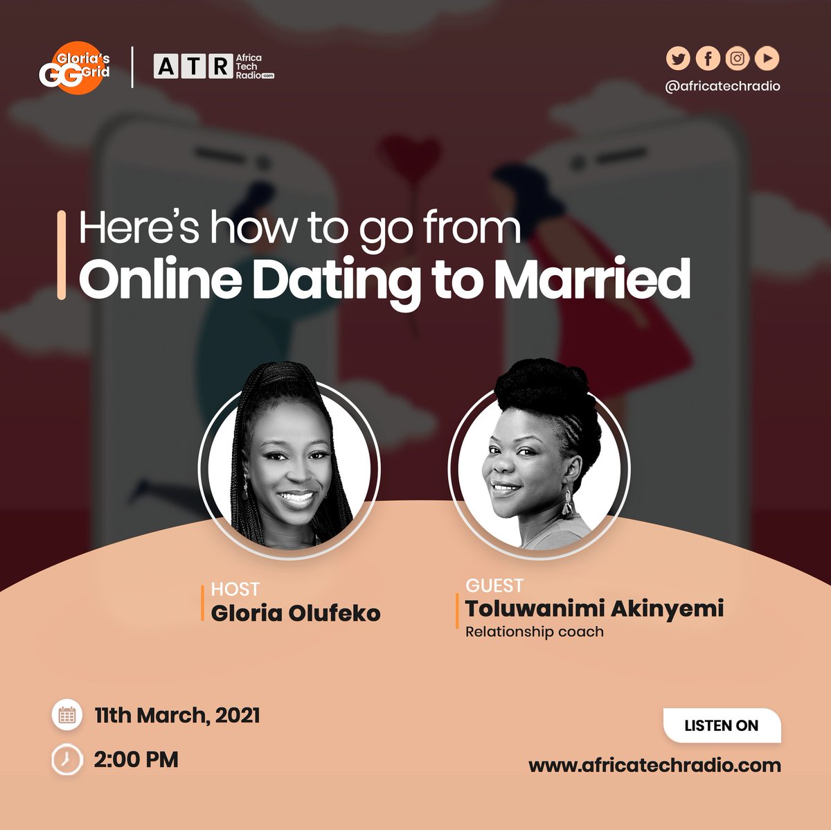 africatechradio's tweet photo. Coming up today at 2 pm is #GloriasGrid
We have @tholulight joining us to discuss
"Here's How To Go From Online Dating To Married"
Listen live on https://t.co/RWdKUtuvkk
#AfricaTechRadio #OnlineDating #RelationshipCoach #SocioTechShow #Techandrelationships https://t.co/9iNuEvmsoN