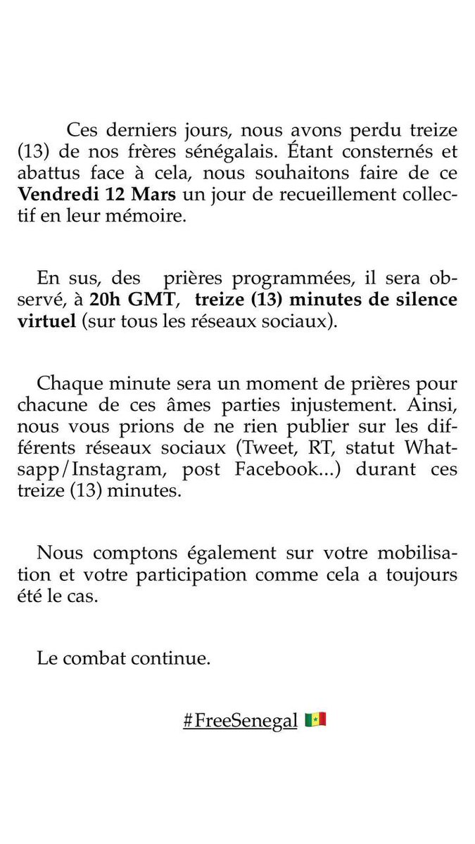 papedemba_d's tweet photo. Voici le programme officiel de demain vendredi 12 mars à propos du recueil de prières et la minute de silence virtuel. 
L’image officielle à partager sur tous les réseaux sera publiée demain matin in shaa Allah. 
#FreeSenegal🇸🇳 https://t.co/jm2Gsyyeyj