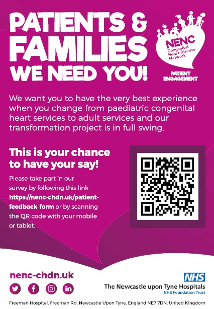 Do you/your child have Congenital Heart Disease?

Will you/your child be moving to adult services? 

Have you/they already moved from to adult services? 

We would really like to hear from you 👇

nenc-chdn.uk/patient-feedba… or scan the QR code attached with your phone/tablet