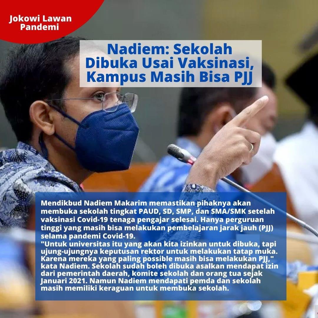 Asik setelah vaksinasi tenaga pengajar selesai, sekolah2 akan dibuka kembali, mulai dari tingkat Paud sampai SMA/SMK. Sedangkan untuk PT masih bisa melalui PJJ.

<a href="/pawartosyogya/">Pawartosyogya</a> 
<a href="/Dhinijogja/">Dhini</a> 
@sadGirls76 
<a href="/NgkongRoses/">Call Me Ngkong Roses🌹</a> 
<a href="/DwimondaA/">Dwimonda Adityadarma</a>