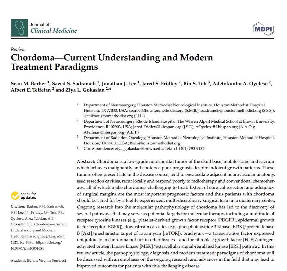 Sean Barber, MD | HMH Neurosurgery Spine (@seanbarbermd) on Twitter photo Our latest paper describing new frontiers in the treatment of #chordoma:
mdpi.com/2077-0383/10/5…
Chordoma is a devastating disease of the brain/spine, but there is a potential for cure when treated at an experienced center. #Neurosurgery @HMH_Nsgy <a href="/ChordomaFDN/">Chordoma Foundation</a> <a href="/HMethodistMD/">Houston Methodist MD</a> Our latest paper describing new frontiers in the treatment of #chordoma:
mdpi.com/2077-0383/10/5…
Chordoma is a devastating disease of the brain/spine, but there is a potential for cure when treated at an experienced center. #Neurosurgery @HMH_Nsgy <a href="/ChordomaFDN/">Chordoma Foundation</a> <a href="/HMethodistMD/">Houston Methodist MD</a>