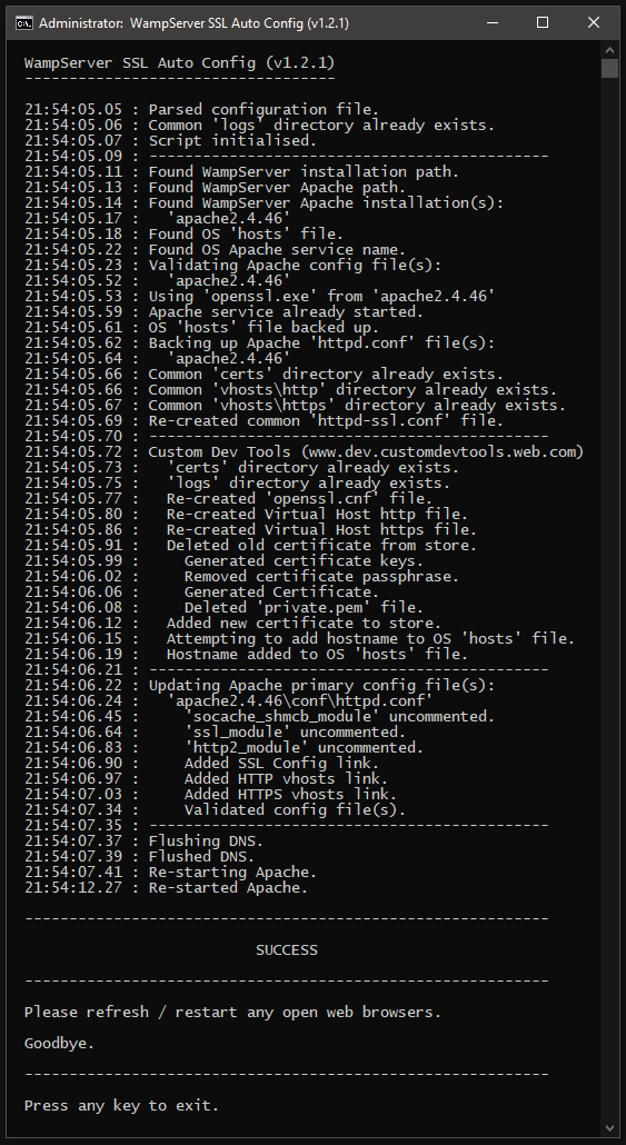 CustomDevTools's tweet image. Having trouble enabling #WampServer SSL / HTTPS? This #batchscript will generate self-signed certificates, add them to the #Windows certificate store, configure your #vhosts files and update your hosts file.
Github: github.com/custom-dev-too…
#Wamp #Apache #OpenSSL #SSL #HTTPS