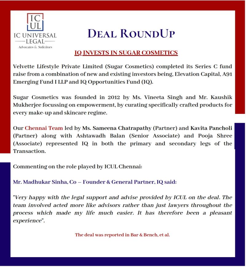 Deal RoundUp !

IQ Invests in Sugar Cosmetics

#ICUL #investments #funding #dealroundup #privateequity #fundraise