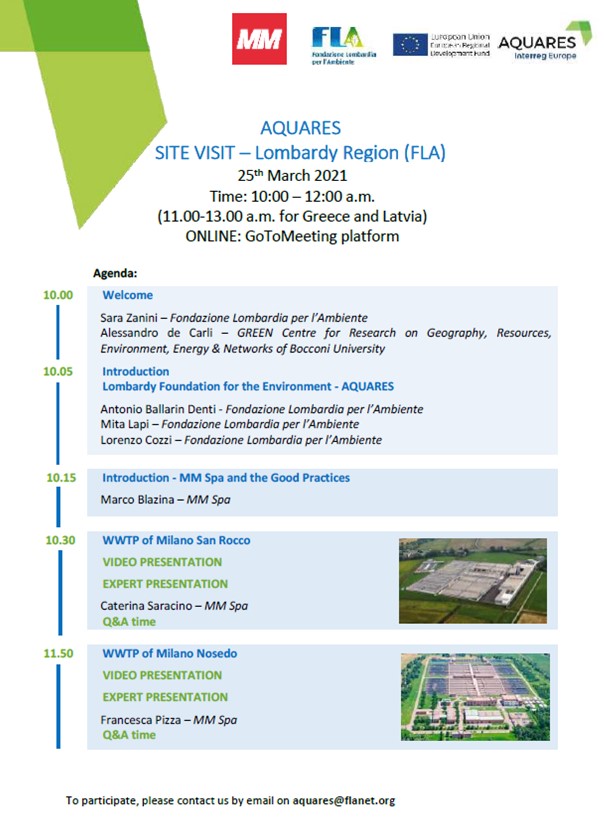 Lombardy Foundation for the Environment, partner of AQUARES, has planned its event of Site Visit, in the morning of 25th March 2021 (10.00-12.00). 
For participating at the event, please write an e-mail at: aquares@flanet.org

See agenda bellow 👇