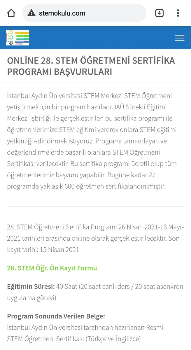 28. STEM Öğretmeni Sertifika Programımızı 26 Nisan-16 Mayıs 2021 tarihleri arasında online senkron ve asenkron olarak gerçekleştireceğiz.
Son kayıt tarihi: 15 Nisan 2021
Eğitmen: <a href="/DevrimAkgunduz/">Devrim Akgündüz</a> 
<a href="/IAUSTEM/">IAU STEM Ed. Research Center</a> <a href="/iausem/">İAÜ SEM</a>