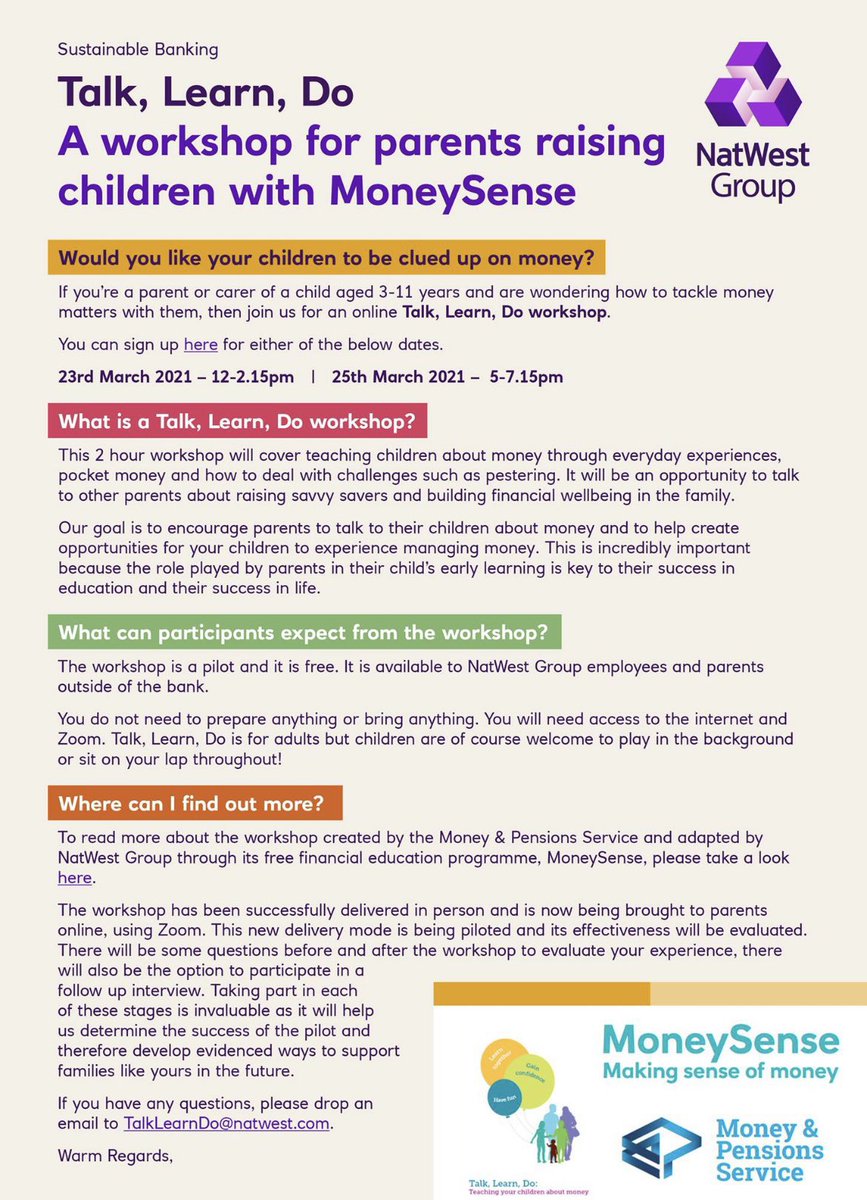 ⬇️⬇️⬇️ Are you a parent or carer of a child aged 3-11 years you might be interested in a Talk, Learn, Do workshop - please see below. ⬇️⬇️⬇️
The sign up link is: events.natwest.com/website/3863/. For any questions, please contact TalkLearnDo@natwest.com