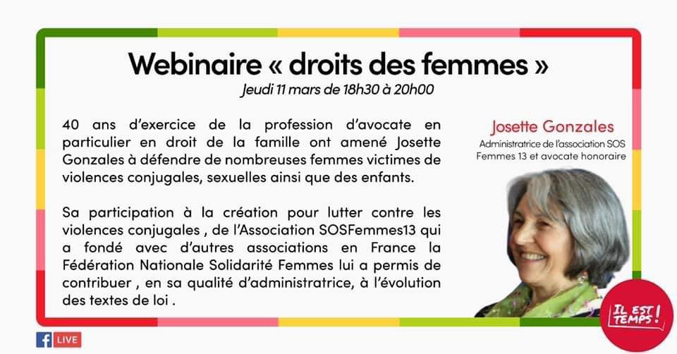 ⏰ Ce soir, jeudi 11 mars à 18h30, participez à notre Facebook Live « Droits des femmes » avec l’intervention de Josette Gonzales, administratrice de l’association SOS femmes 13 et avocate honoraire

facebook.com/events/7320757…