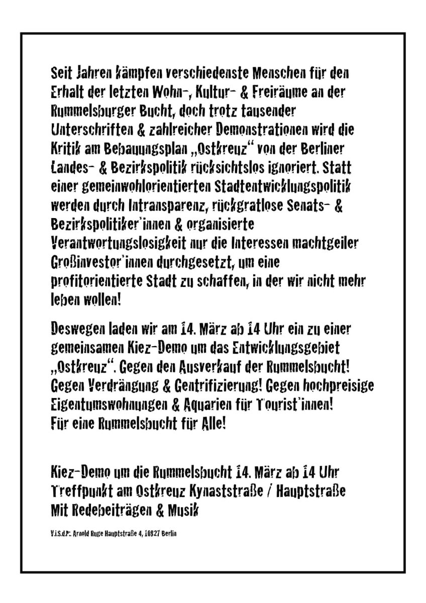 Am Samstag #b1403 wollen wir zusammen gegen die Verdrängung in der Rummelsburger Bucht kämpfen. Anschlusskundgebung mit Konzert von FAULENZA, REFPOLK &amp; SARAH, ESELS ALPTRAUM UND SORAH! Kommt vorbei, zeigt das wir uns die Stadt nicht kampflos nehmen lassen! #buchtfüralle