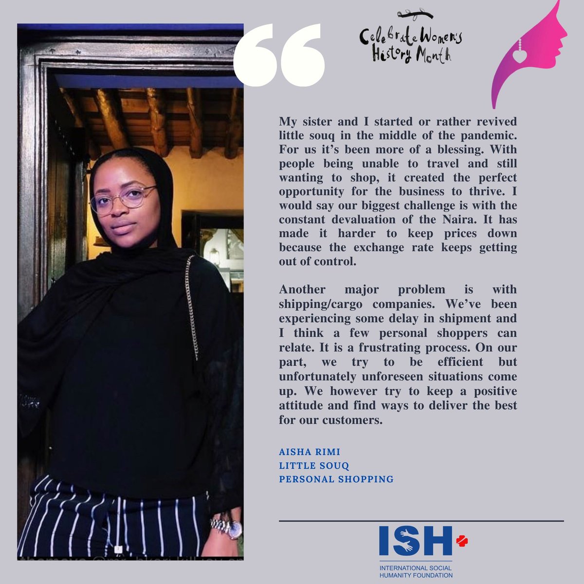 IshFoundation_'s tweet photo. Meet Aisha Rimi .@AishaRmy She’s the cofounder of @littlesouq.ng which is a personal shopping company. She’s based in the UAE. Reach out to shop all your favorite items that are not available in Nigeria. Pssst.. they are very affordable too.
#ISHFoundation #womenshistorymonth https://t.co/clYwYjpRlY