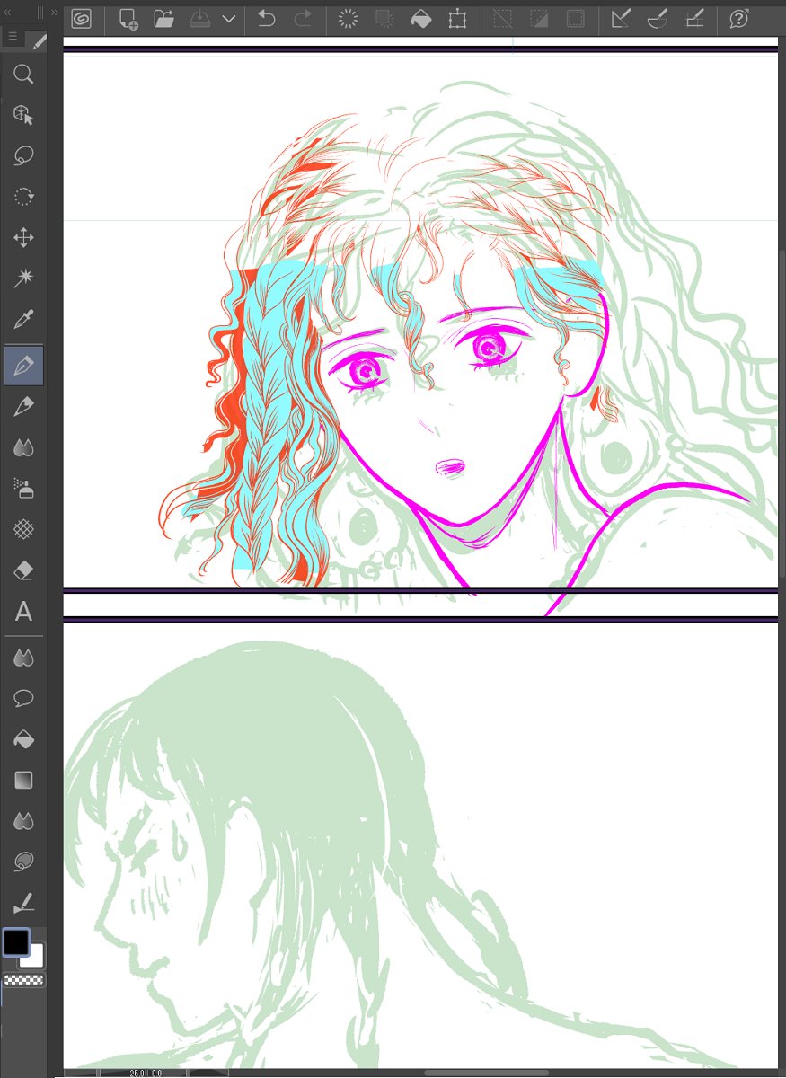 ネームのような下描きから、ぶっつけ本番のように本描きをしています 