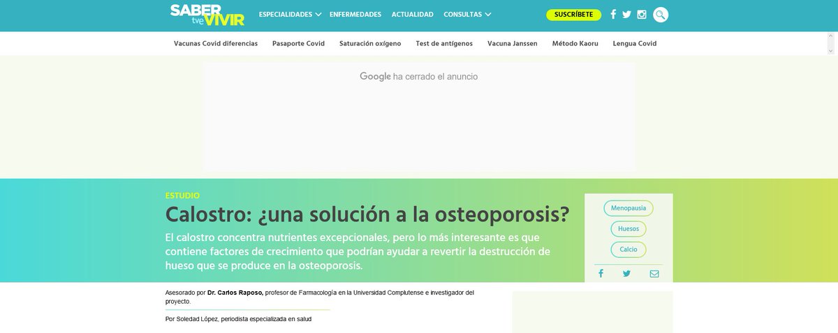 colosteo's tweet photo. Dr Carlos Raposo gave an interview to Ms Soledad López, journalist specialized in health, about the potential development of an innovative nutraceutical product based on colostrum to prevent osteoporosis. The popularization article was press released by Saber tve Vivir. https://t.co/RbAAyWyyJz