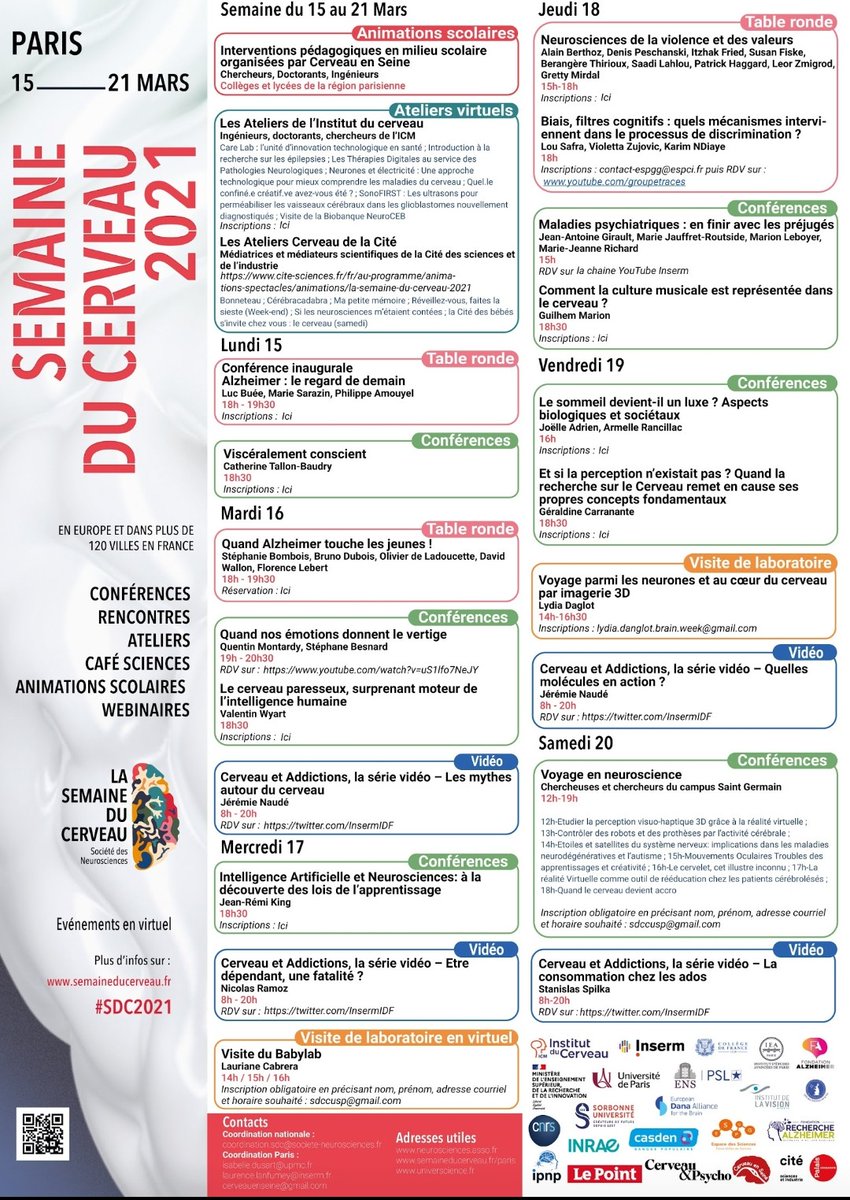 Oyé Oyé !
Voici le programme de la semaine du cerveau à Paris #SdC2021 
Plus d'infos sur le site : semaineducerveau.fr
Réservez vite et très belle semaine à vous tous.