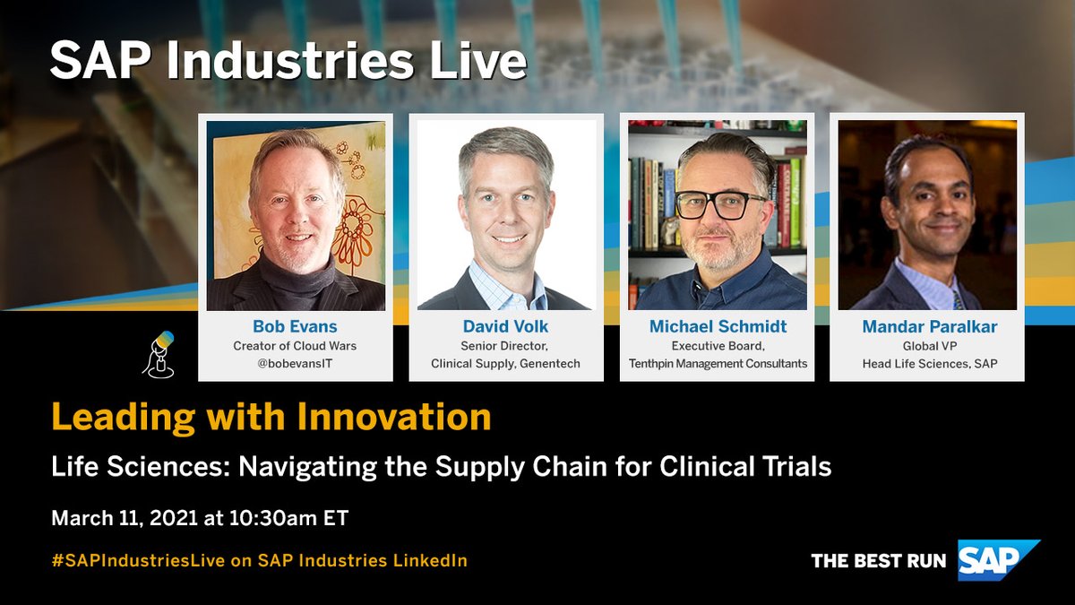bobevansIT's tweet image. How can #cloud improve the clinical trial management supply process for #lifescience companies?

Join the #SAPIndustriesLive session today at 10:30 ET with me, @Roche, @TenthpinMC, and @SAP's @paralkarMandar: linkedin.com/events/6770393…