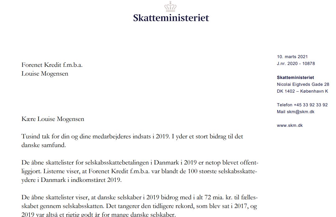 Forenet Kredit er igen blandt de virksomheder, der bidrager med mest i selskabsskat i Danmark. I <a href="/Nykredit/">Nykredit</a>-koncernen er vi stolte af vores bidrag til samfundet, og jeg vil gerne sige tak til <a href="/mfMorten/">Morten Bødskov</a> for at påskønne vores indsats med et takkebrev.
