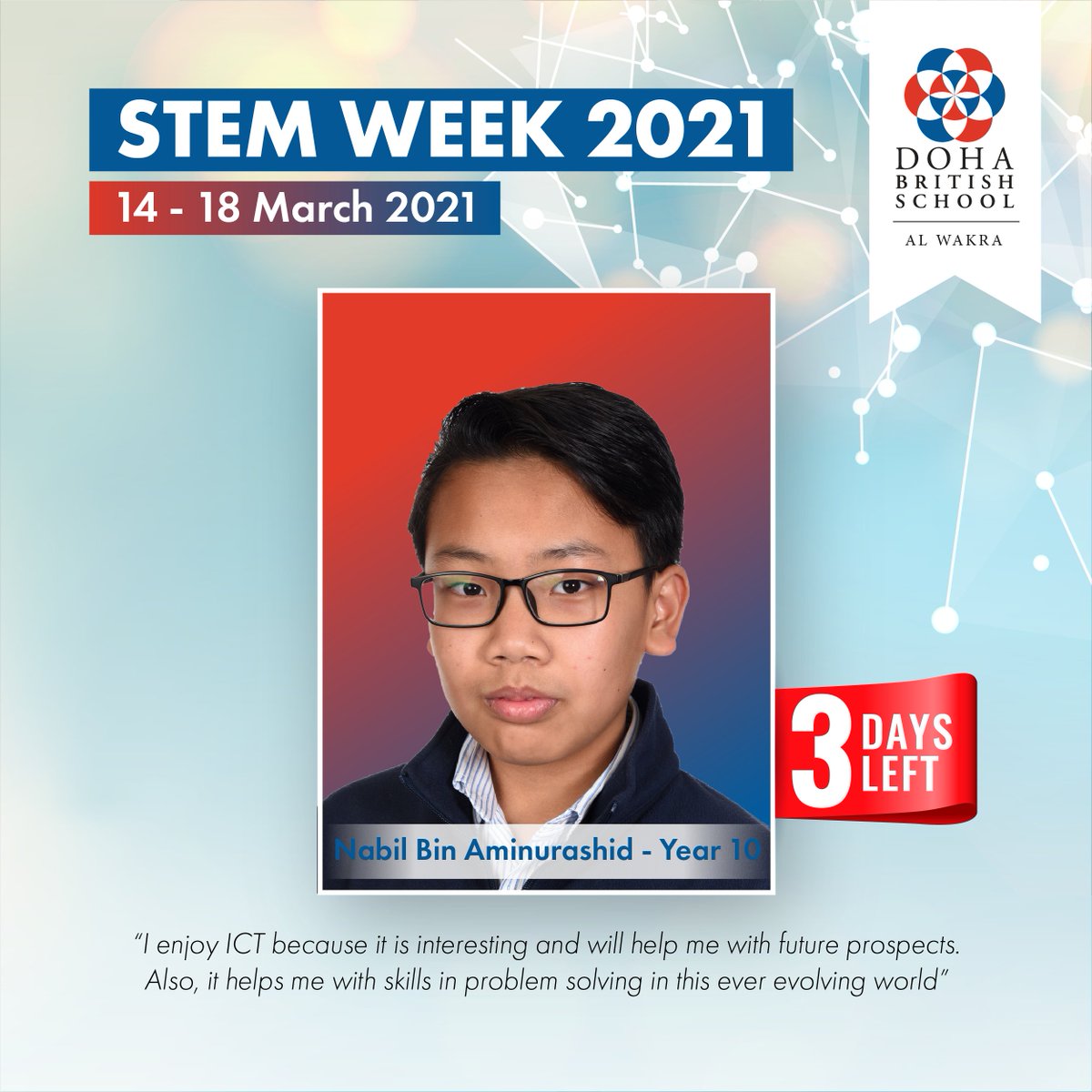 DBSWakra's tweet image. On the week beginning 14th of March, #DBSWakra will be celebrating all things science, technology, engineering, and mathematics. Everyday, we will feature students and staff from our community who have keen interests on these subjects.