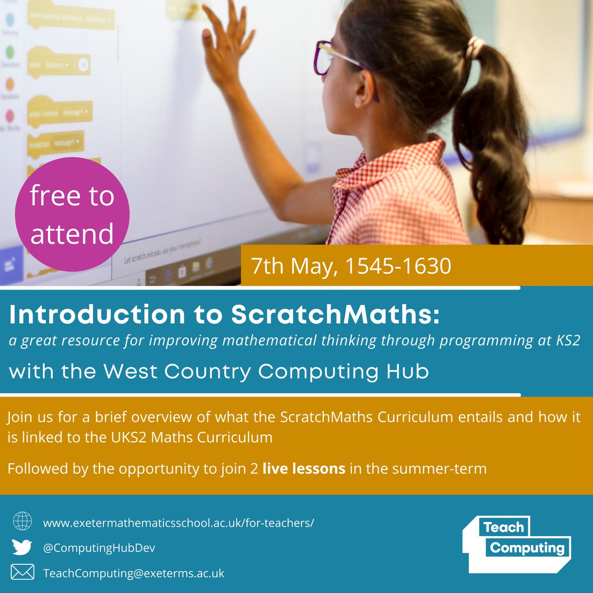 TeachCompDevDor's tweet image. Primary Teachers in Devon &amp;amp; E.Dorset

We’re super excited to be sharing an overview of the #ScratchMaths Curriculum: a 2-year computing &amp;amp; maths based curriculum for KS2 designed &amp;amp; trialled by a team at @ucl

For further details &amp;amp; to book your free place: bit.ly/3cmjES3