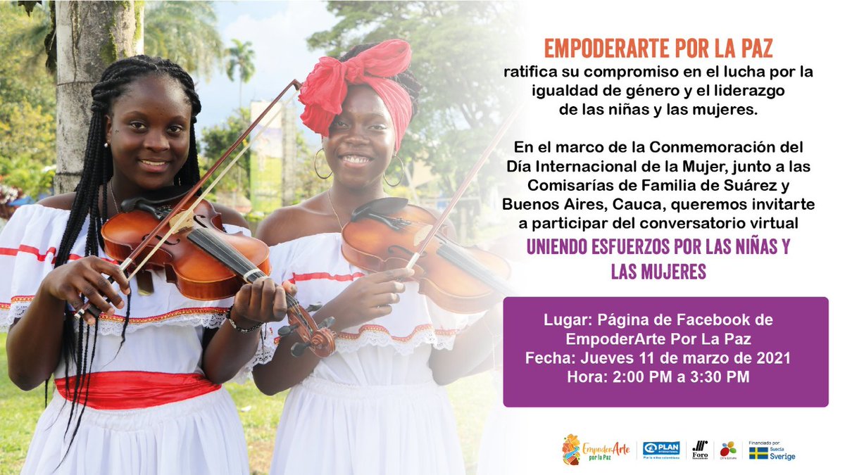 FundaForoSurocc's tweet image. 📌 Desde el proyecto #EmpoderArtePorLaPaz les invitamos al conversatorio virtual &quot;Uniendo esfuerzos por las Niñas y las Mujeres&quot; 👧🏻🙋🏽‍♀️‍🙋🏿‍♀️

📅 HOY
⏰ 2:00 a 3:30 P.M.
🌐 facebook.com/EmpoderArtePor…

@FundacionPlan @Otra_Escuela @SwedeninCOL