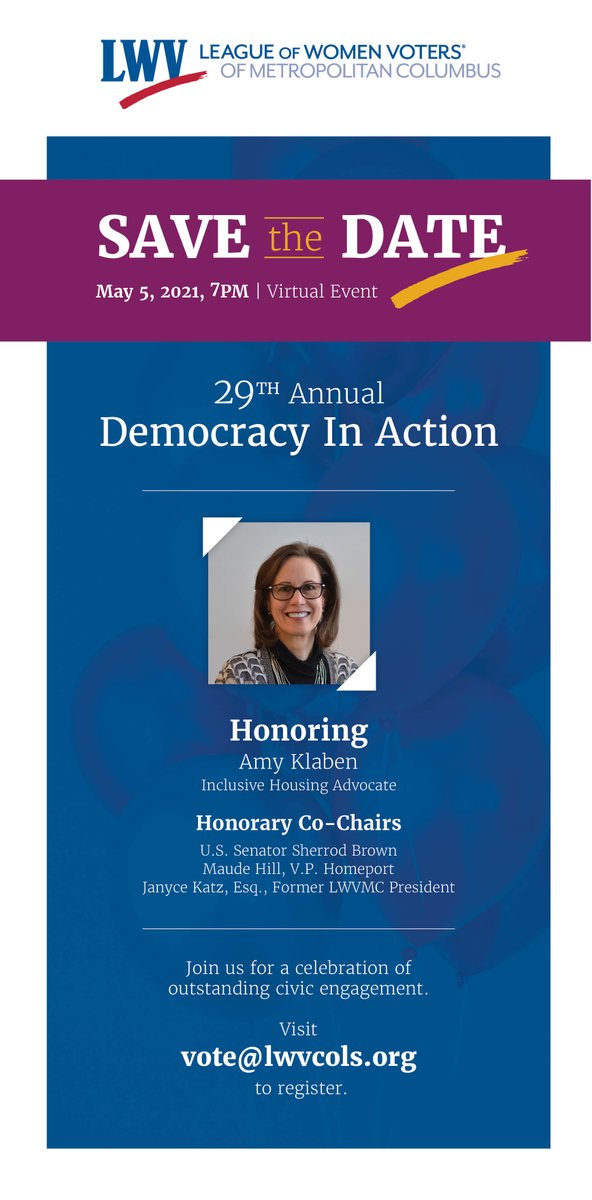 Save the Date for 2021 Democracy In Action! May 5, 2021 honoring Amy Klaben. Tickets available soon.